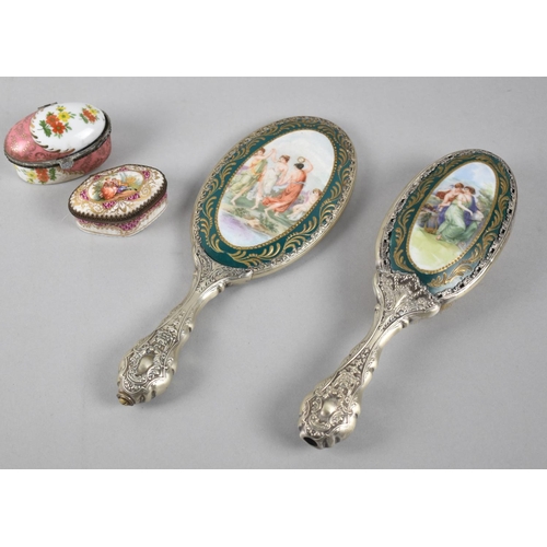 245 - Two Porcelain Boxes and a Continental Dressing Table Brush and Mirror Set