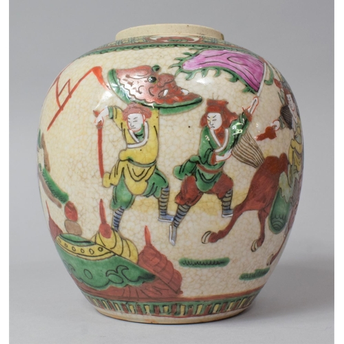 262 - A Chinese Nanking Crackle Glazed Ginger Jar Decorator in the Usual Enamels Depicting Battle Scene, N... 