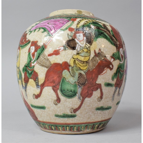 262 - A Chinese Nanking Crackle Glazed Ginger Jar Decorator in the Usual Enamels Depicting Battle Scene, N... 