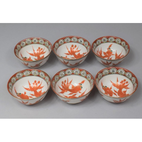 265 - A Set of Six Chinese Porcelain Tea Bowls, C.1940's, Decorated with Pop Eyed Goldfish in Orange Ename... 