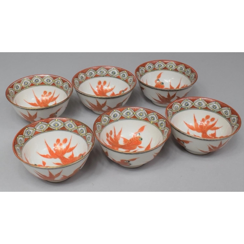 265 - A Set of Six Chinese Porcelain Tea Bowls, C.1940's, Decorated with Pop Eyed Goldfish in Orange Ename... 