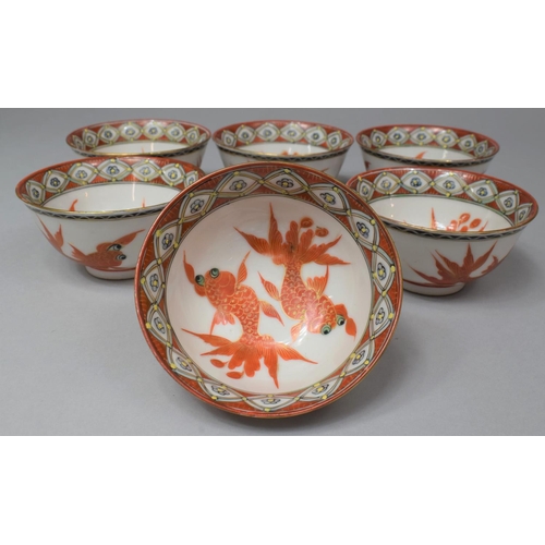 265 - A Set of Six Chinese Porcelain Tea Bowls, C.1940's, Decorated with Pop Eyed Goldfish in Orange Ename... 