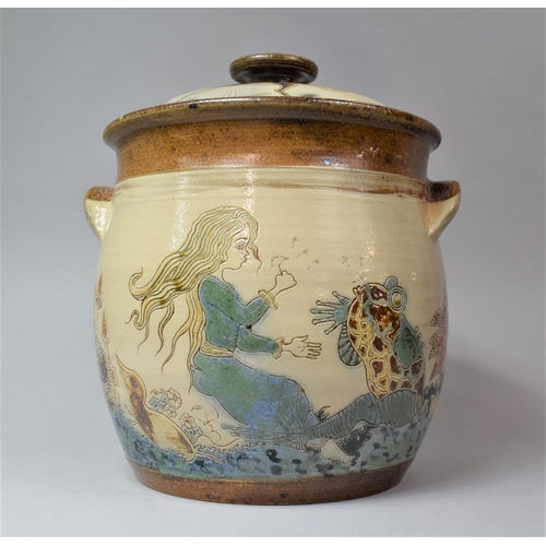 350 - A Large Welsh Scraffito Stoneware Lidded Pot by M & Mosse, Llanbrynmair, 35cm high