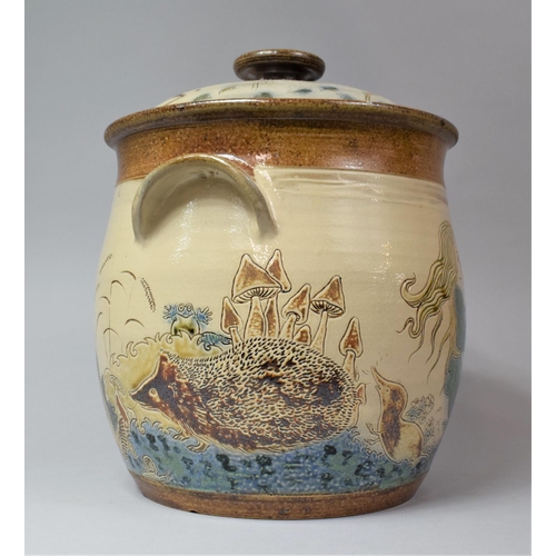 350 - A Large Welsh Scraffito Stoneware Lidded Pot by M & Mosse, Llanbrynmair, 35cm high