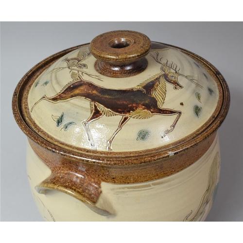 350 - A Large Welsh Scraffito Stoneware Lidded Pot by M & Mosse, Llanbrynmair, 35cm high