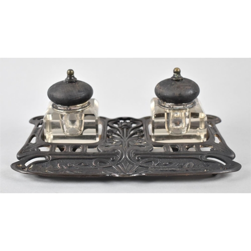 40 - A Late 19th/Early 20th Century French Desktop Inkstand with Two Inkwells and Pierced Art Nouveau Flo... 