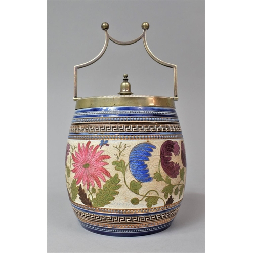 63 - A Late Victorian/Edwardian Silver Plate Mounted Ceramic Biscuit Barrel Decorated with Flowers