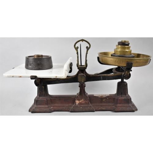 67 - A Set of Late 19th Century Kitchen Scales with Brass Pan and Ceramic Stand Together with Collection ... 