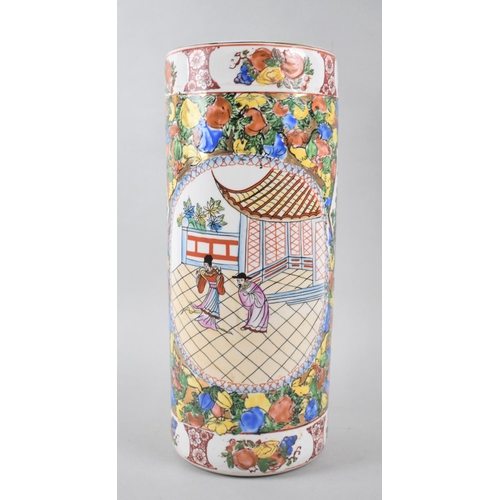 68 - A Reproduction Oriental Ceramic Cylindrical Stick Stand Decorated in Multi-coloured Enamels, 36cm Hi... 