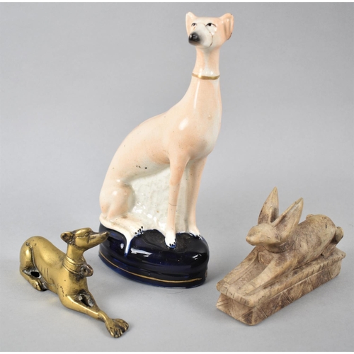 84 - A Cast Brass Model of a Greyhound, Carved Marble Egyptian Dog and a Staffordshire Greyhound, the Lat... 