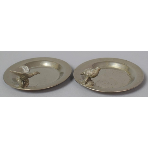 20 - A Pair of Small White Metal Place Card Name Holder/Pin Dishes with Bird Mounts, Each 7.75cm Diameter