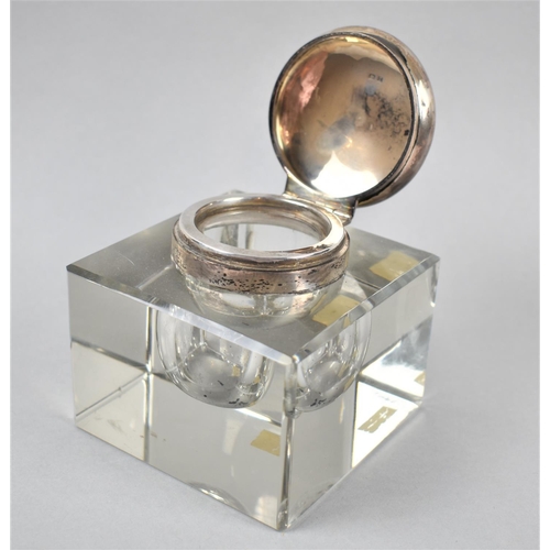 22 - A Silver Mounted Perspex Desktop Inkwell of Square Form, 9cm x 6cm High