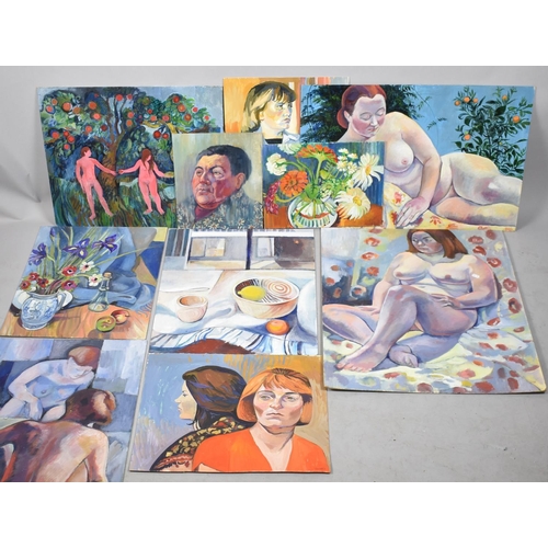 224 - A Collection of Nine Oils on Board to Include Portraits, Nudes, Still Life etc