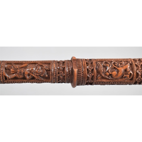 41 - A Finely Carved Indian Walking Cane with Silver Top and Eight Cartouches Depicting Rat, Birds, Hindu... 