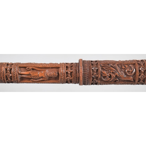 41 - A Finely Carved Indian Walking Cane with Silver Top and Eight Cartouches Depicting Rat, Birds, Hindu... 