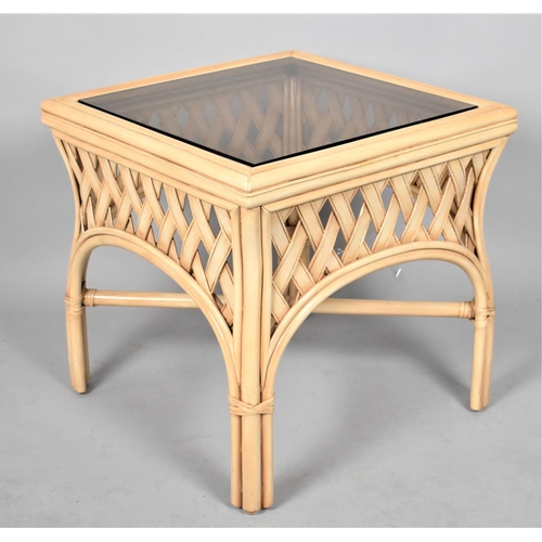 647 - A Bamboo Framed Conservatory Coffee Table of Square Form, Smoked Glass Top, 53cm