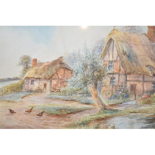 126 - A Framed Watercolour Depicting Thatched Cottages with Chickens, Ernest T Potter, 34x23cm