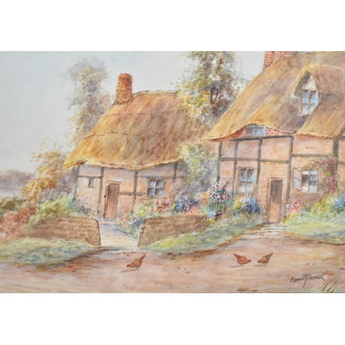 154 - A Framed Watercolour Depicting Thatched Half Timbered Cottages with Chickens to Foreground, Signed E... 