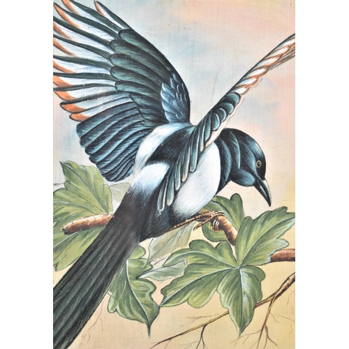 156 - A Framed Painting of a Magpie on Silk, 23x59cm