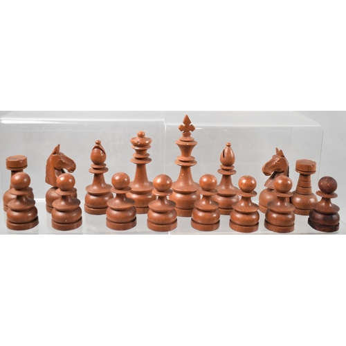 16 - An Edwardian Inlaid Box Containing Later Russian Carved Wooden Chess Pieces, The Kings 11.5cm high