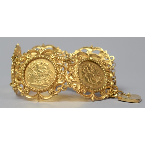 212 - A 9ct Gold Bracelet Set with Five Gold Half Sovereigns for 1897, 2x 1909 and 2x 1914. Safety Chain a... 