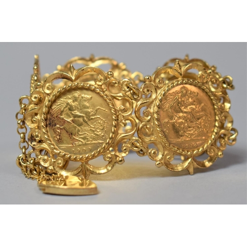 212 - A 9ct Gold Bracelet Set with Five Gold Half Sovereigns for 1897, 2x 1909 and 2x 1914. Safety Chain a... 