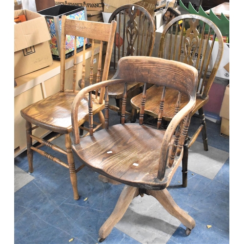 627 - A Collection of Three Spindle Back Chairs and a Swivel Office Chair for Restoration