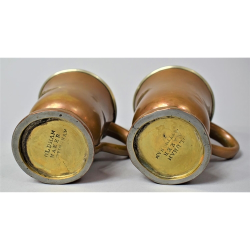 71 - A Pair of 19th Century Copper Pint Measures, the Base Stamped Oldham Maker, Nottingham, 10cm high