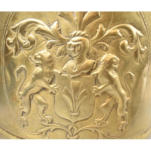 92 - A Mid 20th Century Pressed Brass Cylindrical Coal Bucket with Lion Mask Ring Handles and Armorial De... 