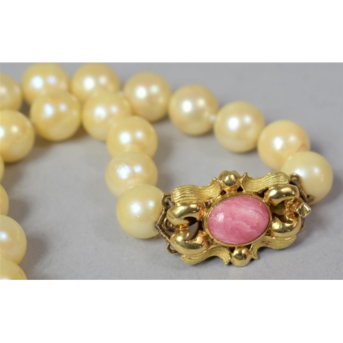 101 - A String of Cultured Pearls with an 18ct Gold Clasp Decorated with Pink Agate Stone, 32 Inches Long