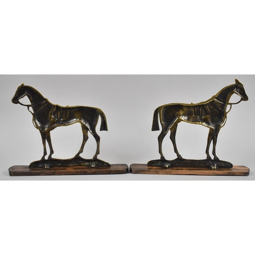 53 - A Pair of Late Victorian Brass Fireside War Horse Ornaments, Mare and Stallion, Each 21cm Wide