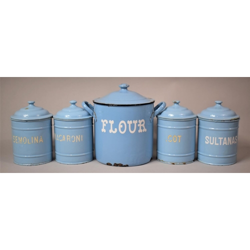 61 - A Set of Five Blue Enamelled Storage Jars for Flour, Sultanas, Macaroni, Semolina etc, Tallest 25cm ... 