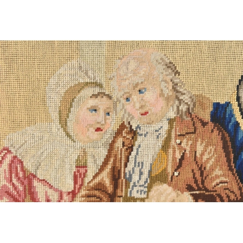 174 - A 19th Century Ebonised Framed Tapestry Depicting Elderly Seated Scottish Gent and His Wife, 50x56cm