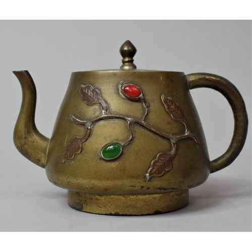 276 - A Chinese Bronzed Metal Teapot Decorated in Relief with Leaves, Vine and Coloured Cabochons, 10cm hi... 