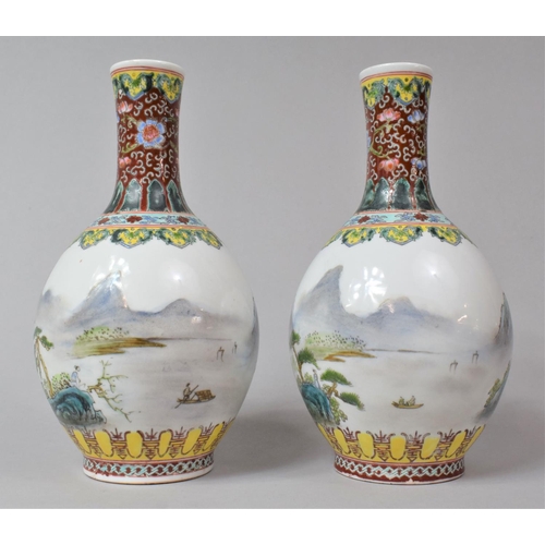 286 - A Pair of Chinese Republic Period Bottle Vases Decorated with Exterior Village Scene, Red Seal Mark ... 