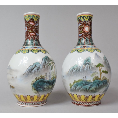 286 - A Pair of Chinese Republic Period Bottle Vases Decorated with Exterior Village Scene, Red Seal Mark ... 