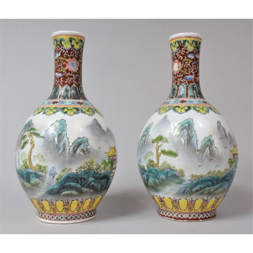 286 - A Pair of Chinese Republic Period Bottle Vases Decorated with Exterior Village Scene, Red Seal Mark ... 