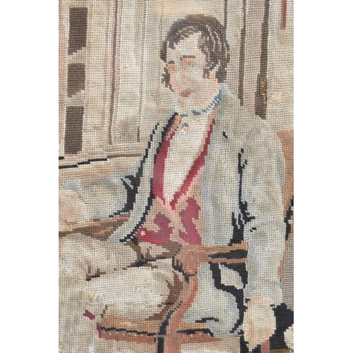 295 - A Framed 19th Century Tapestry Depicting Seated Gent with Dog at Feet, 28x36cm