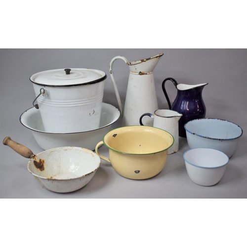 514 - A Collection of Vintage Enamelled Kitchen Items to Include Ewer, Bowls, Buckets, Jugs etc