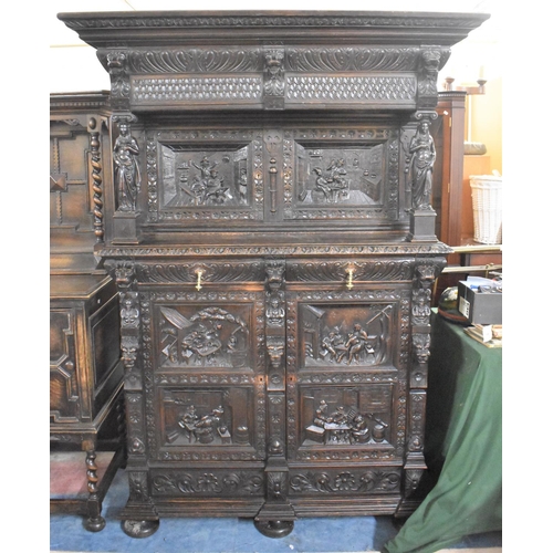 531 - A Late 19th Century Heavily Carved Oak Side Cabinet, Having Two Centre Drawers and Carved Panel Door... 