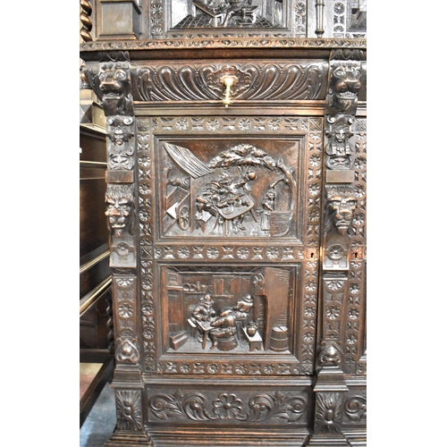 531 - A Late 19th Century Heavily Carved Oak Side Cabinet, Having Two Centre Drawers and Carved Panel Door... 