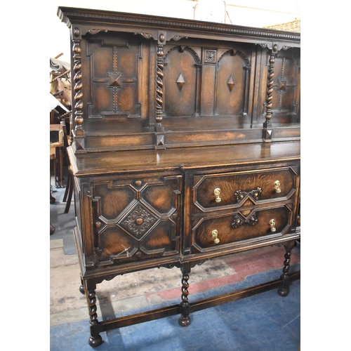 532 - An Edwardian Break Fronted Oak Sideboard with Two Centre Drawers Matched by Fielded Panelled Doors t... 