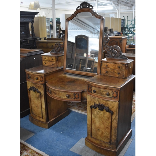 534 - A Late Victorian Burr Walnut Duchess Style Dressing Table with Bow Breakfront, Panelled Doors to Thr... 