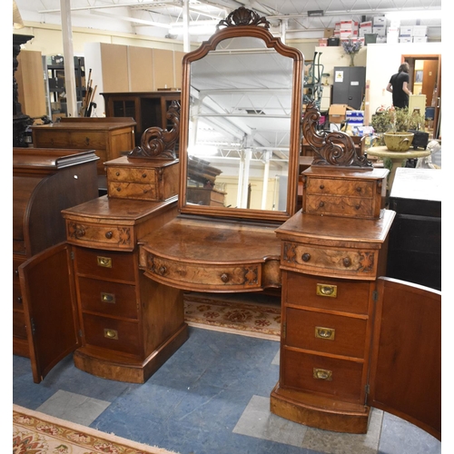 534 - A Late Victorian Burr Walnut Duchess Style Dressing Table with Bow Breakfront, Panelled Doors to Thr... 