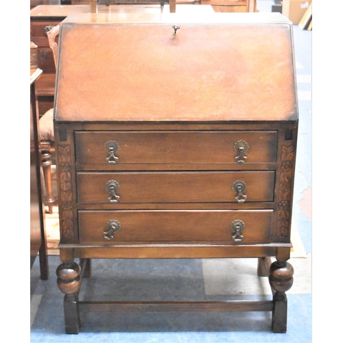 545 - A Mid 20th Century Fall Front Oak Bureau, with Fitted Interior and Three Drawers, 74cm wide