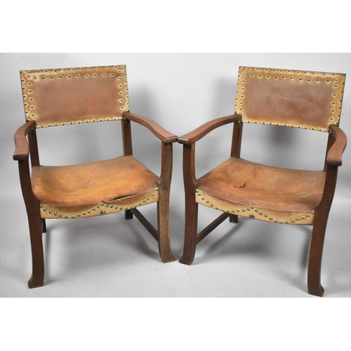 549 - A Pair of Edwardian Oak Framed Hide Seated Small Armchairs for Re-upholstery