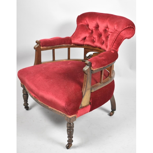 552 - A Late Victorian/Edwardian Inlaid Rosewood Framed Ladies Tub Armchair, with Serpentine Front and But... 