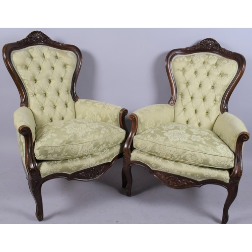 564 - A Pair of Reproduction Mahogany Framed Victorian Style Buttoned Upholstered Armchairs with Serpentin... 