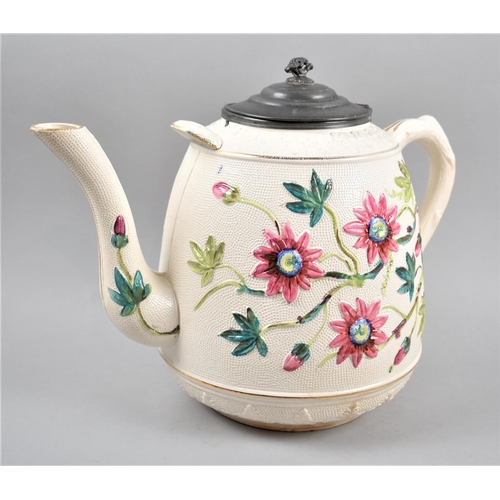 74 - A Late Victorian/Edwardian Large Teapot with Hinged Pewter Lid, The Body with Decorated in Coloured ... 