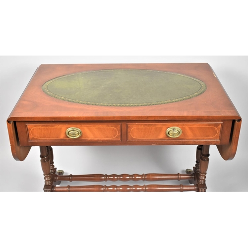 81 - A Reproduction Drop Leaf Sofa Table with Crossbanded Top and Two Drawers, Both with Oval Brass Drop ... 